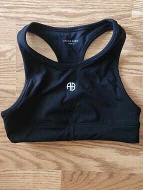 Anine Bing Black Racerback Sports Bra with Subtle Logo, Size S